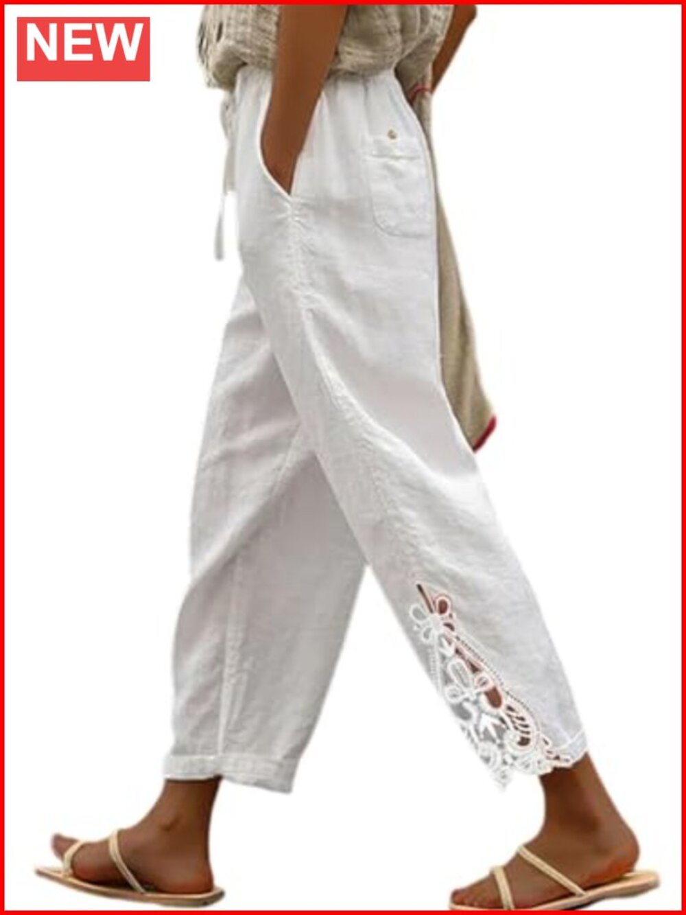 Women's Casual Elastic Waist Wide Leg Pants with Pockets Lace Palazzo